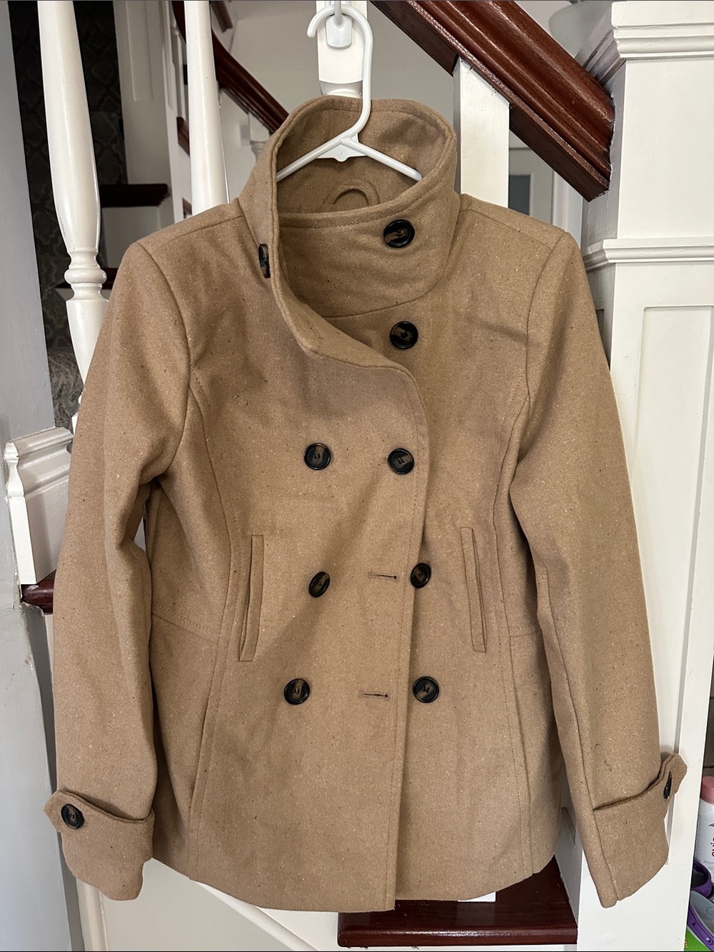 Womens Double-Breasted Peacoat Jacket in Tan